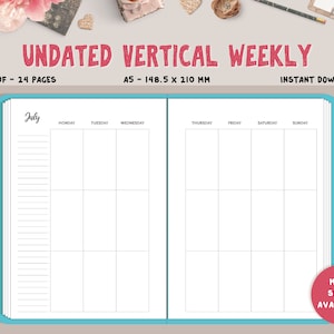 Undated Weekly Planner Printable, A5 Planner Inserts - Vertical Layout