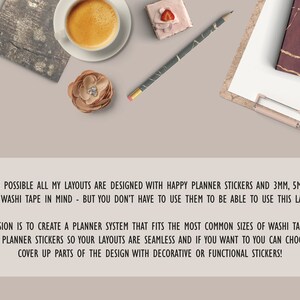 May include: A close-up of a text overlay on a light brown background. The text reads: "WHERE POSSIBLE ALL MY LAYOUTS ARE DESIGNED WITH HAPPY PLANNER STICKERS AND 3MM, 5MM AND 15MM WASHI TAPE IN MIND - BUT YOU DON'T HAVE TO USE THEM TO BE ABLE TO USE THIS LAYOUT! MY MISSION IS TO CREATE A PLANNER SYSTEM THAT FITS THE MOST COMMON SIZES OF WASHI TAPE AND HAPPY PLANNER STICKERS SO YOUR LAYOUTS ARE SEAMLESS AND IF YOU WANT TO YOU CAN CHOOSE TO COVER UP PARTS OF THE DESIGN WITH DECORATIVE OR FUNCTIONAL STICKERS!"