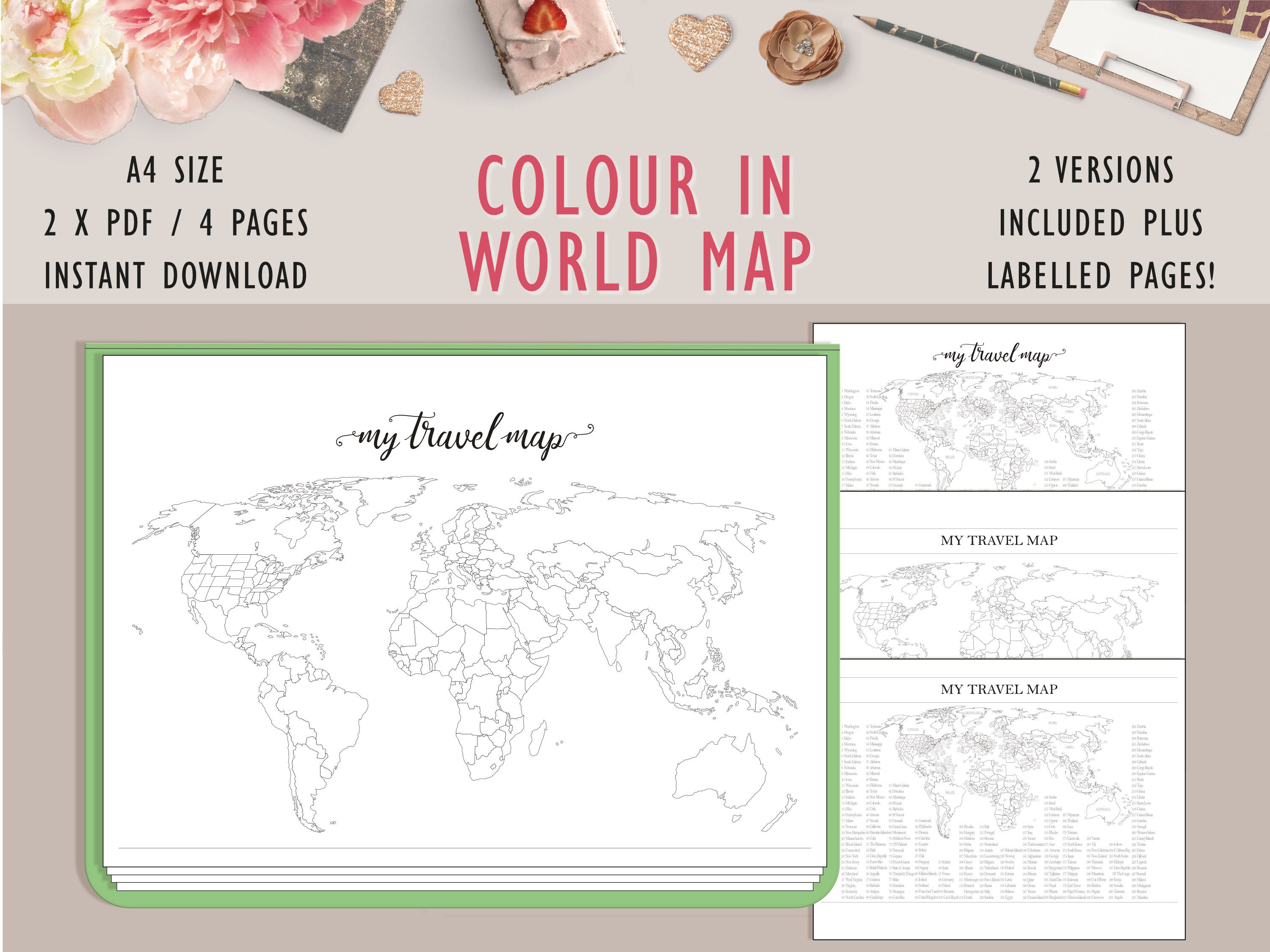 world travel map a4 size printable etsy canada