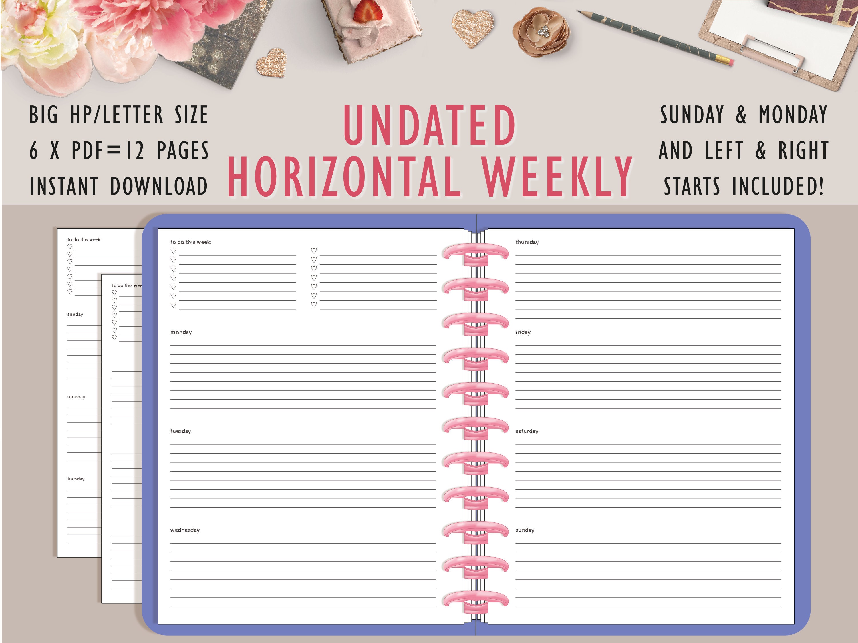 horizontal layout weekly planner big happy planner printable etsy