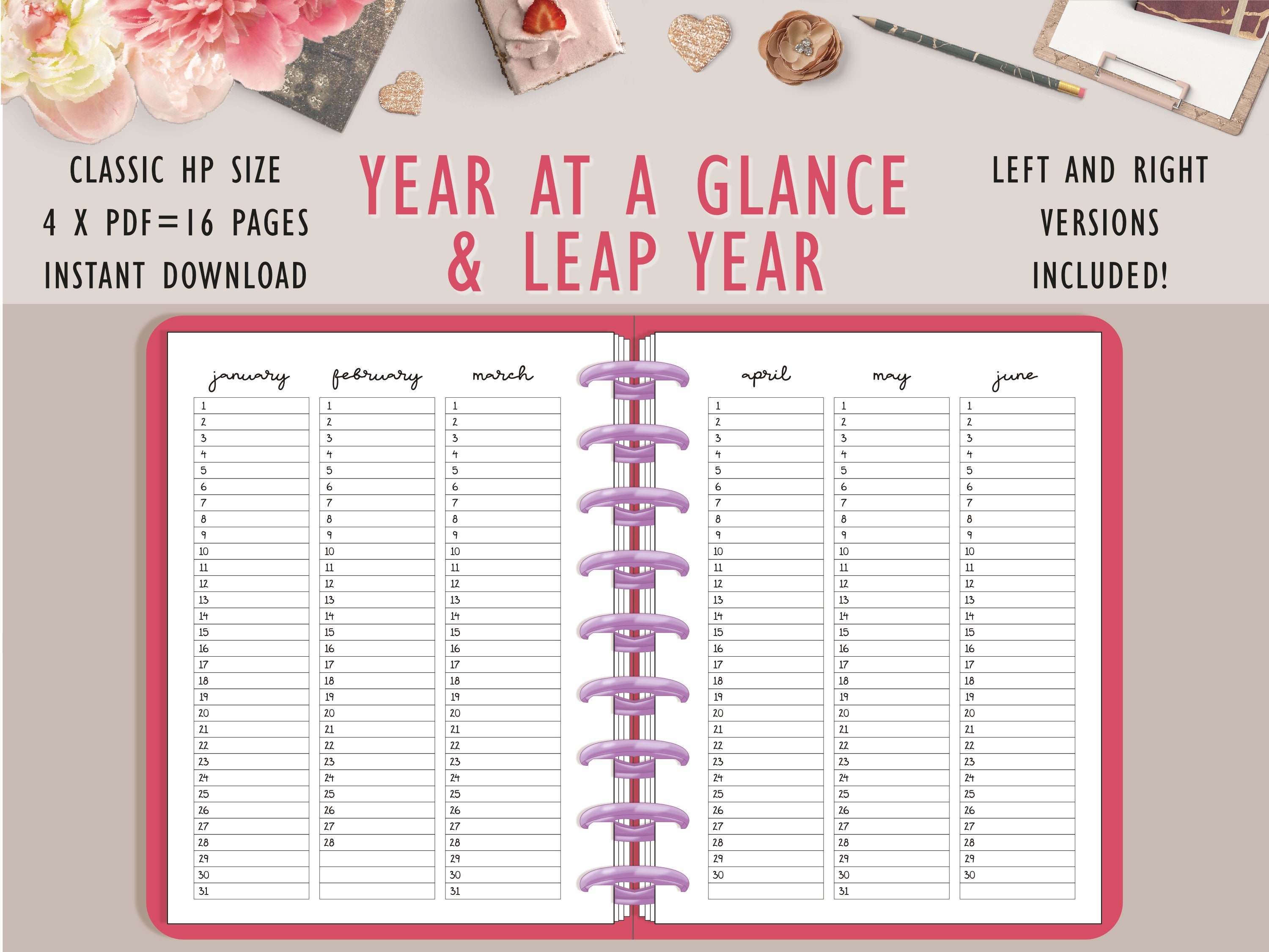 Year at a glance calendar printable classic planner etsy