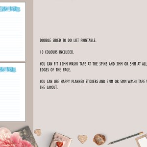 May include: Two printable "to do list" pages with blue watercolor accents. The pages are double-sided and include 10 colors. The text also states that 15mm washi tape can be used at the spine and 3mm or 5mm washi tape can be used at the edges of the page. Happy Planner stickers can also be used.