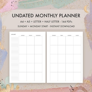 Undated Monthly Planner Printable - A4, A5, Letter Size, Half Letter - Sunday Start and Monday Start - Instant Download PDF