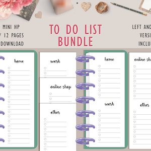 May include: A digital to-do list bundle with a teal border and purple binding. The pages are white with sections for home, work, online shop, and other tasks. Text includes "To Do List Bundle" and "Left and Right Versions Included!"