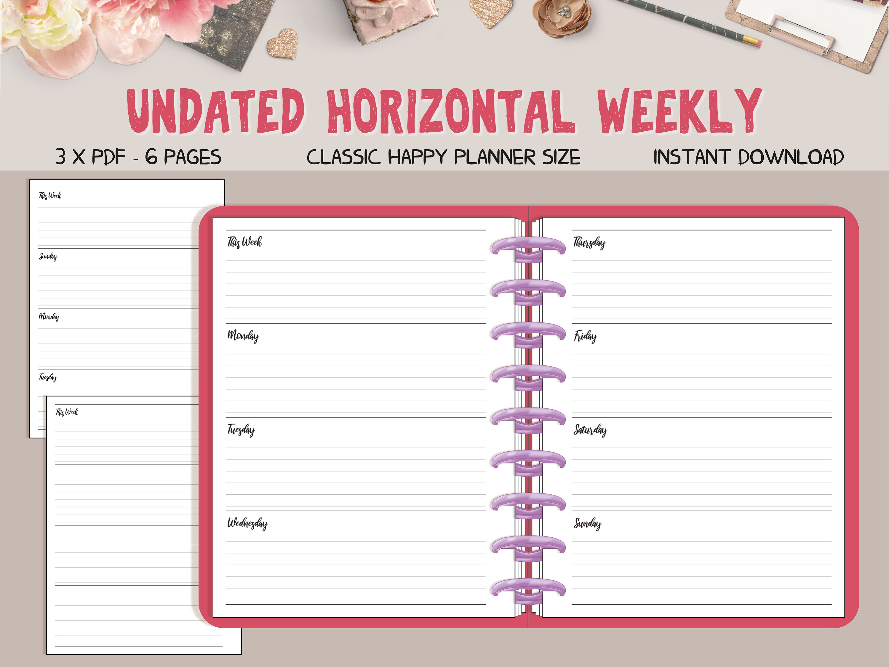 Horizontal Layout Weekly Planner Printable, Classic Planner Inserts