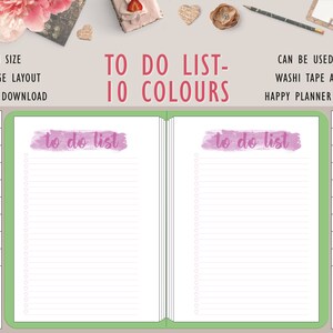 May include: A printable to-do list planner with 10 different color options. The planner has a watercolor-style design with the words "to do list" in a pink color. The planner is A4 size and has 20 pages.