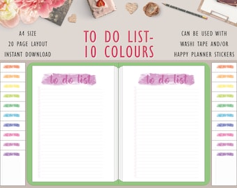 Puede incluir: Un planificador de lista de tareas imprimible con 10 opciones de color diferentes. El planificador tiene un diseño de estilo acuarela con las palabras "to do list" en rosa. El planificador es de tamaño A4 y tiene 20 páginas.