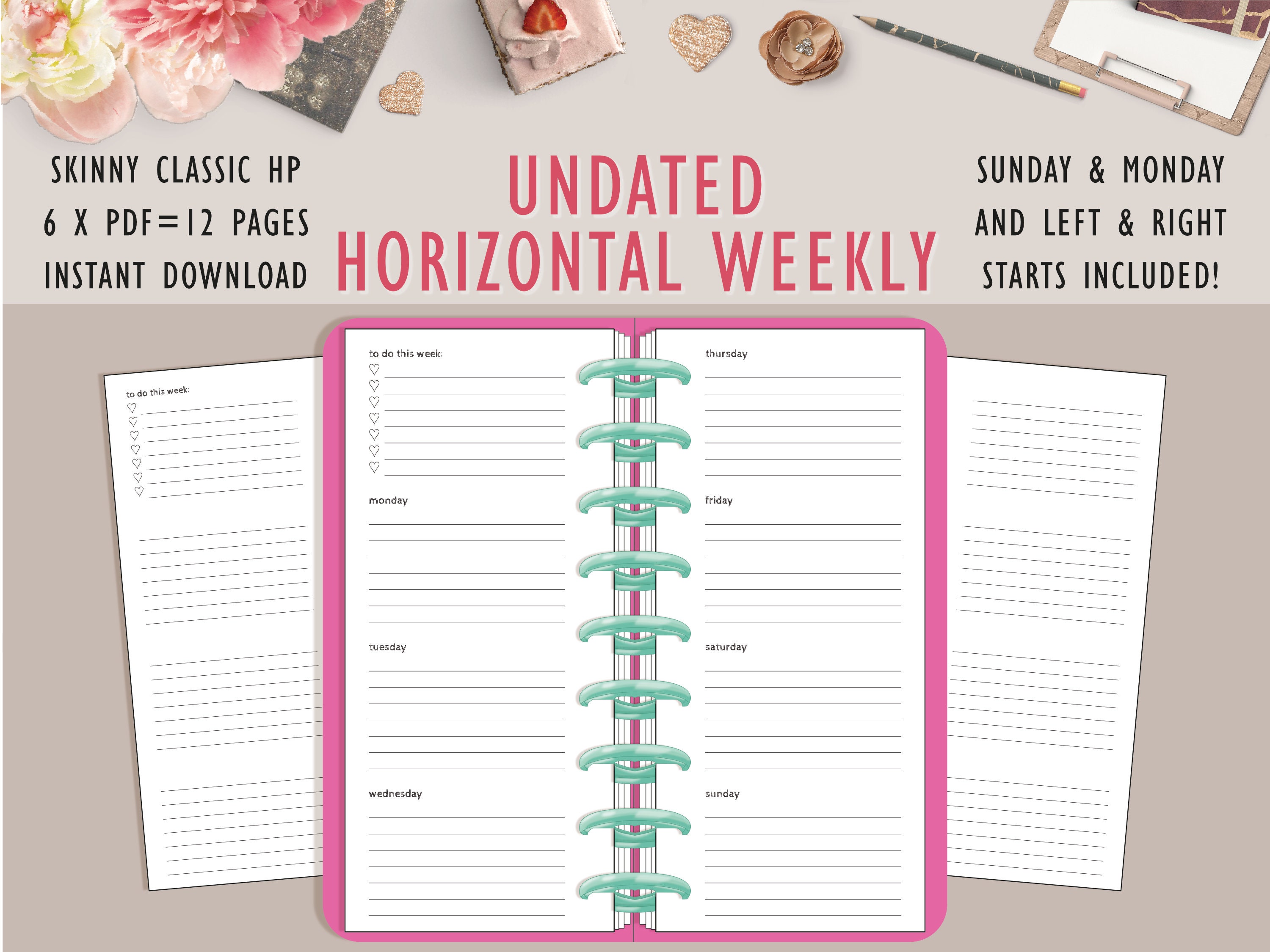 horizontal layout weekly planner printable skinny classic etsy