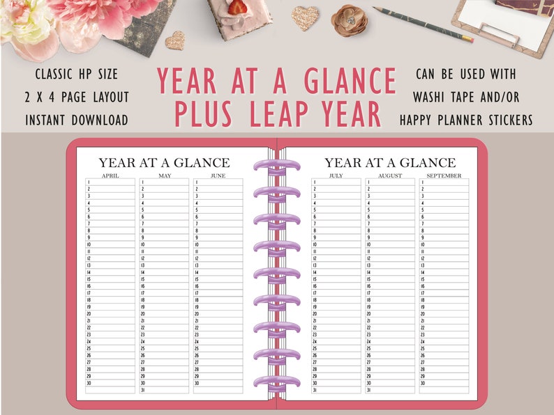 Year at A Glance Calendar Printable Classic Planner Printable Etsy