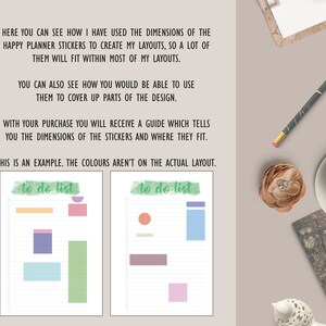May include: Two example to-do list pages with different colored stickers and a green watercolor background. The text "to do list" is written in green on each page.