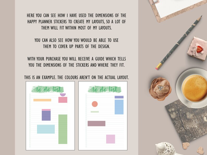 May include: Two example to-do list pages with different colored stickers and a green watercolor background. The text "to do list" is written in green on each page.