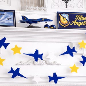 Blue Angels Birthday Garland | Jet & Star Banner | Navy Yellow White Airplane Decor | Aviation Birthday Mantel decor