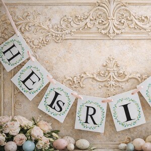 Easter Banner He Is Risen, Religious Spring Mantel Decor, Resurrection Day Garland image 1