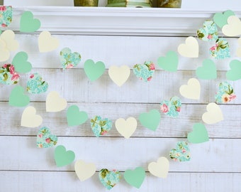 Mint green floral heart garland, mint hearts, ivory heart, wedding garland, bridal shower garland, photo backdrop, shabby chic vintage heart