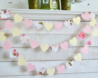Shabby chic floral heart garland, Pink rose garland, Baby girl nursery decor, shabby chic heart garland, heart decorations, wedding, bridal