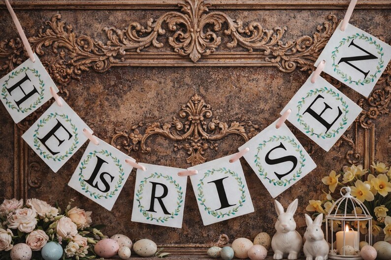 Easter Banner He Is Risen, Religious Spring Mantel Decor, Resurrection Day Garland image 2