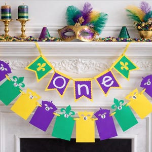 Mardi Gras First Birthday Banner, One Banner with Monthly Photo Cards, Mardi Gras Baby Birthday Decor, 1st Birthday Photo Garland