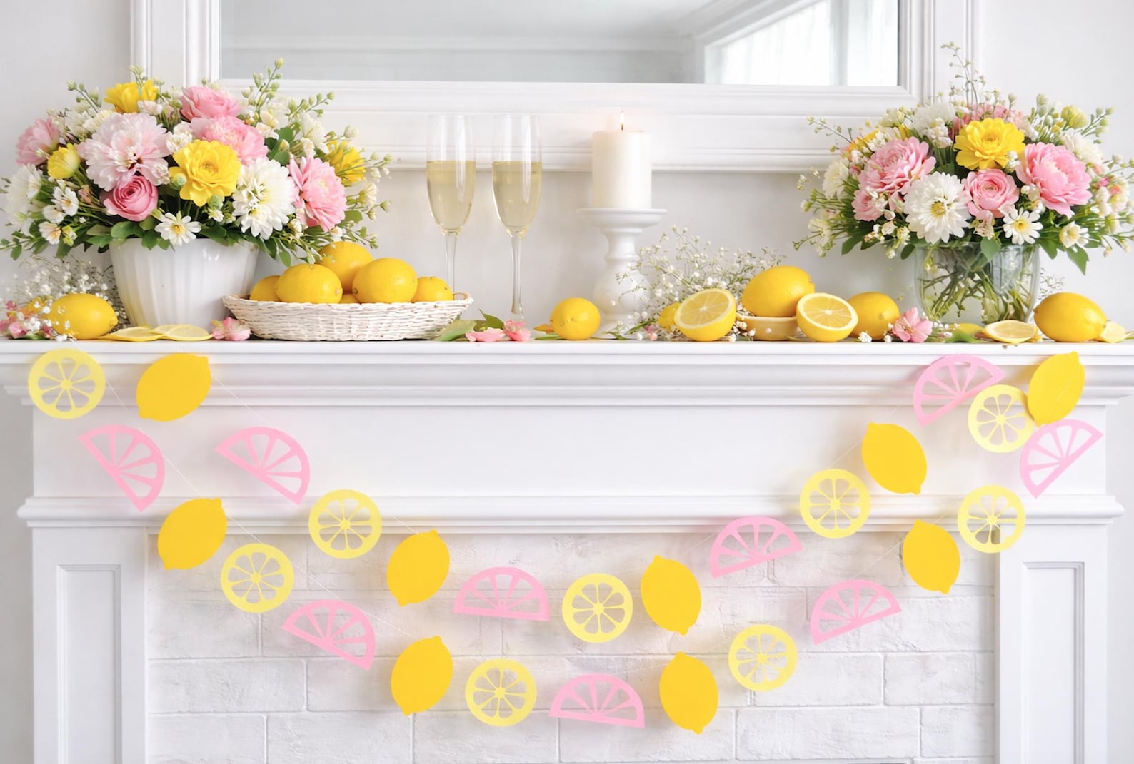 Lemonade Garland Yellow  Pink Lemon Slice Party Banner 