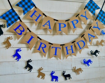 Lumberjack birthday banner, Happy Birthday lumberjack theme, blue buffalo plaid, red buffalo plaid, hunting theme birthday