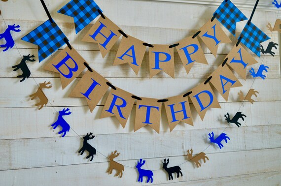 Lumberjack birthday banner, Happy Birthday lumberjack theme, blue buffalo plaid, red buffalo plaid, hunting theme birthday Il_570xn
