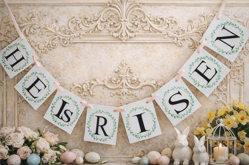 Easter Banner He Is Risen, Religious Spring Mantel Decor, Resurrection Day Garland image 1