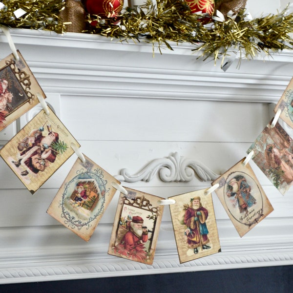 Antique Christmas banner, Vintage Santas, Old World Christmas decorations, Santa garland, Christmas photo backdrop