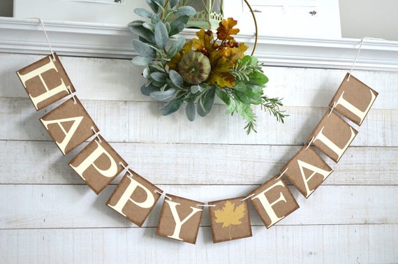 Happy Fall sign, Fall Banner, Rustic Fall sign, rustic fall banner, leaf garland, fall decorations, Burlap fall banner Il_570xn