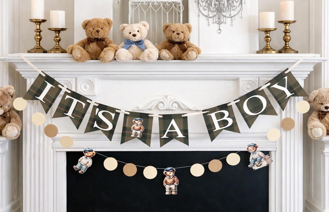T’s A Boy Banner Teddy Bear Baby Shower Decor, Vintage Plaid Nursery ...