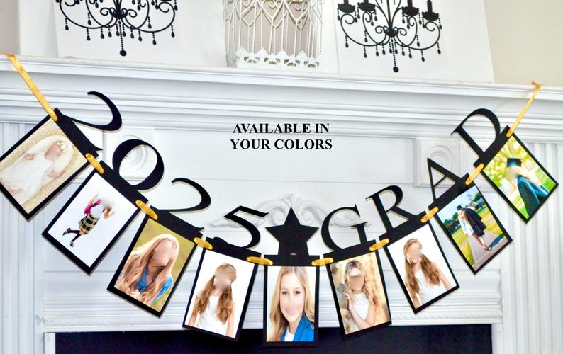 May include: Black and gold graduation banner with the year 2025 and the word "GRAD" with photo slots.  Available in your colors.