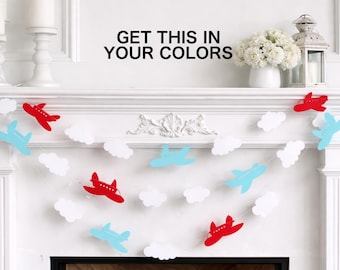 Airplane & Cloud Garland, Custom Colors, Travel Theme Party Decor