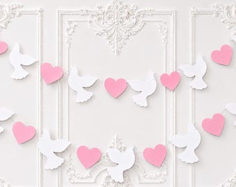 Dove & Heart Garland, Blue or pink and White Christening decor, baptism banner