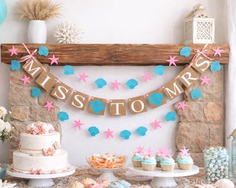 Miss to Mrs Banner - Seashell and starfish - nautical bridal shower decor - Coastal bridal
