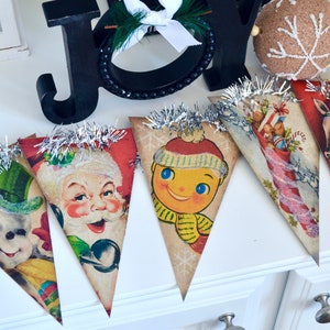 Retro Vintage Christmas Banner 5&quot; wide X 6.25&quot; tall Vintage Santa Snowman Reindeer Vintage Style Garland tinsel banner