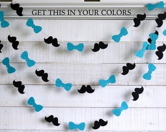 Bowtie Baby shower garland, bow tie garland, mustache and bowtie, Blue bow tie and mustaches, mustache bash birthday decorations