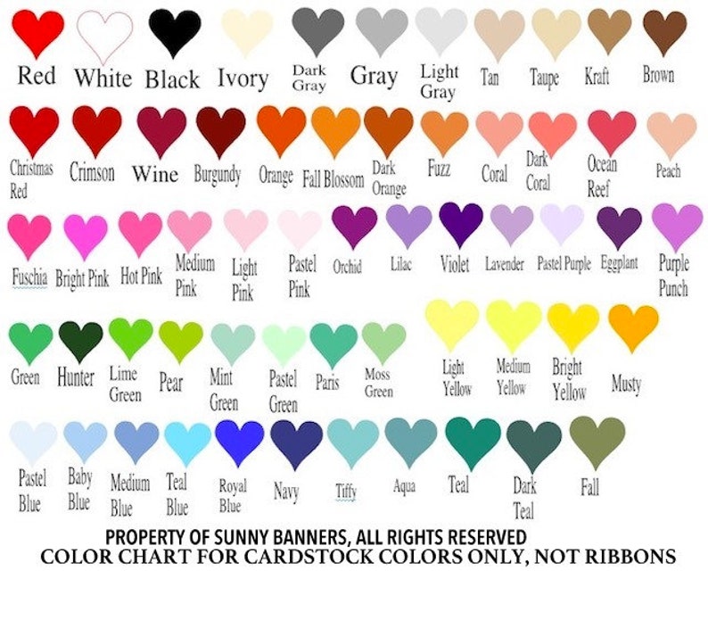 May include: Color chart for cardstock paper featuring a variety of colors in heart shapes. The chart includes colors like red, white, black, ivory, gray, light gray, tan, taupe, kraft, brown, Christmas red, crimson, wine, burgundy, orange, fall blossom, dark orange, fuzz, coral, dark coral, ocean reef, peach, fuchsia, bright pink, hot pink, medium pink, light pink, pastel pink, orchid, lilac, violet, lavender, pastel purple, eggplant, purple punch, green, hunter, lime green, pear, mint green, pastel green, paris, moss green, light yellow, medium yellow, bright yellow, musty, pastel blue, baby blue, medium blue, teal blue, royal blue, navy, tiffany, aqua, teal, dark teal, and fall.