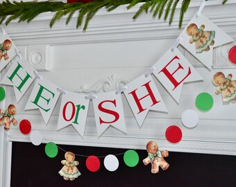 Gingerbread Gender Reveal, he or she Banner: Christmas Baby Shower Decor