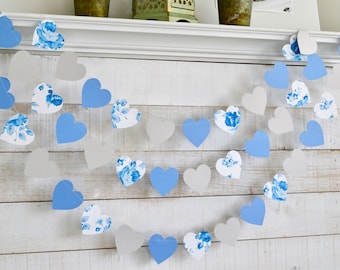 Blue Floral Heart garland, Heart photo backdrop, heart garland, paper hearts, baby boy shower, shower decorations, blue hearts