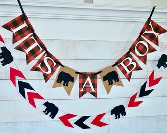 Buffalo Plaid 'It's A Boy' Banner: Lumberjack Baby Shower Decor
