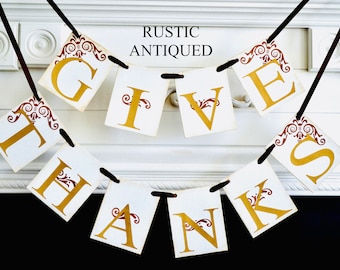 Gold "Give Thanks" Thanksgiving Banner: Vintage Rustic Fall Decor