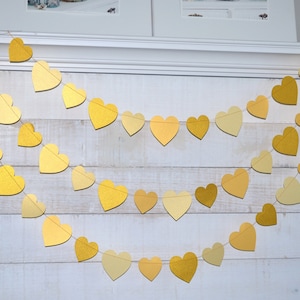 Gold Heart garland, golden anniversary decorations, gold wedding decor, gold bridal shower decor, gold photo backdrop