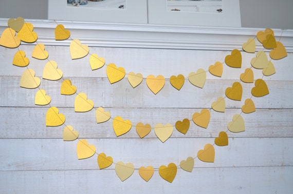 Gold Heart garland, golden anniversary decorations, gold wedding decor, gold bridal shower decor, gold photo backdrop Il_570xn