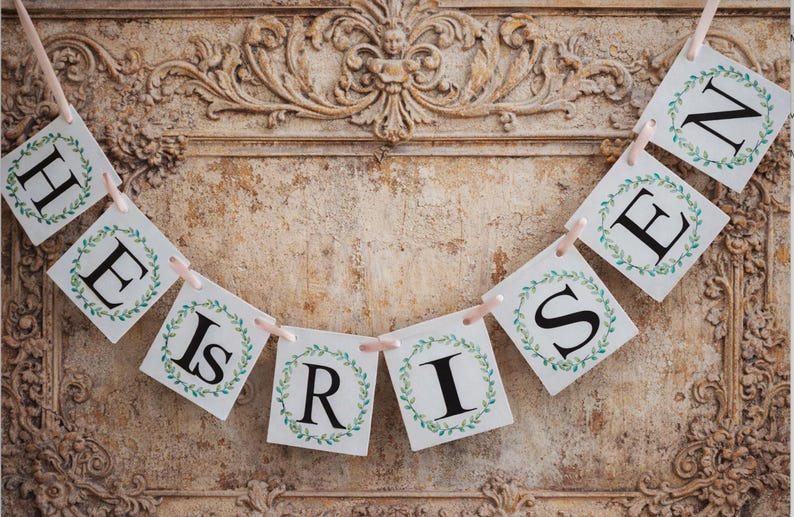 Easter Banner He Is Risen, Religious Spring Mantel Decor, Resurrection Day Garland image 4