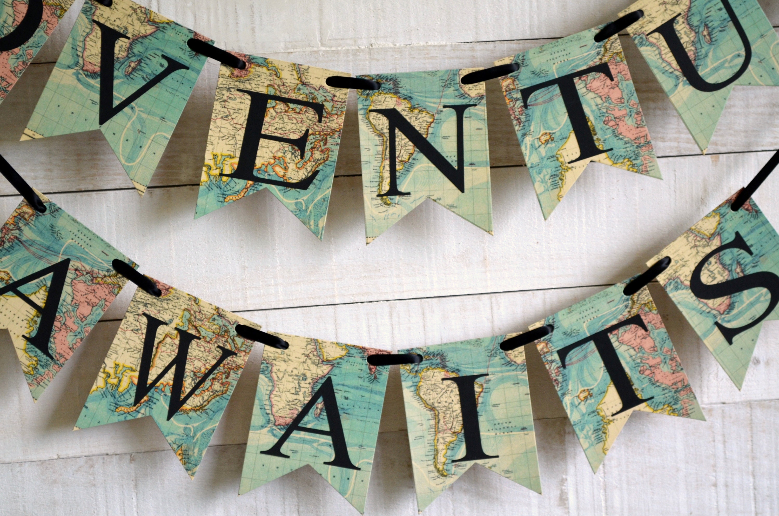 Adventure Awaits Banner - Khaki Travel Theme Party Decor With World Map Design