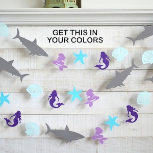 Shark, mermaid -seashell-starfish garland, under the sea party decorations, mermaid garland, nautical birthday decor, whale garland