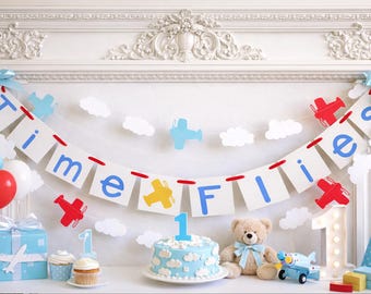 Time Flies Banner + Airplane & Cloud Garland | 1st Birthday Aviation Decor