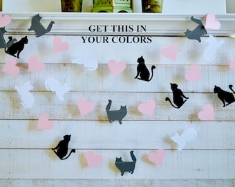 Kitty Cat Garland: Gray, Black, White Cats & Pink Hearts, cat birthday decorations