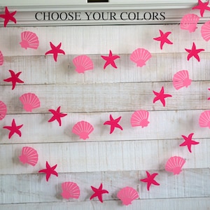 Sea shell and starfish garland, seashell garland, beach bridal shower decor, beach wedding decor, pink seashells, nautical party decor