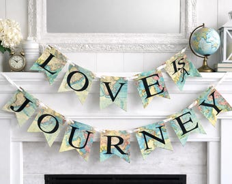 Love is a Journey Banner: World Map Travel Theme Party Decor