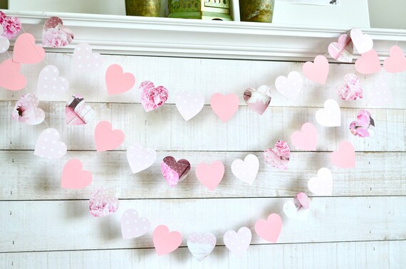 pink rose shabby garland, polka dot heart, pink heart garland, baby girl shower, heart photo backdrop, heart decorations Il_570xn