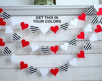 Valentines day decorations, valentines heart garland, heart decorations, red and white heart, stripe heart garland, heart garland, red heart